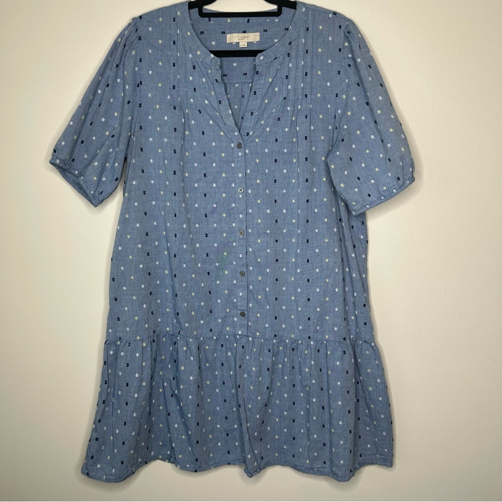 LOFT Light Blue Polka Dot Button-Front Dress
